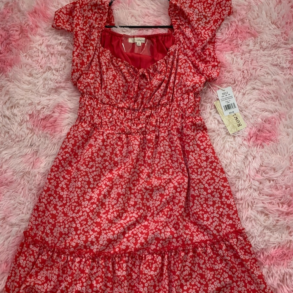 REWIND Junior XL red flowered skater dress w/front tie ruffled sleeves